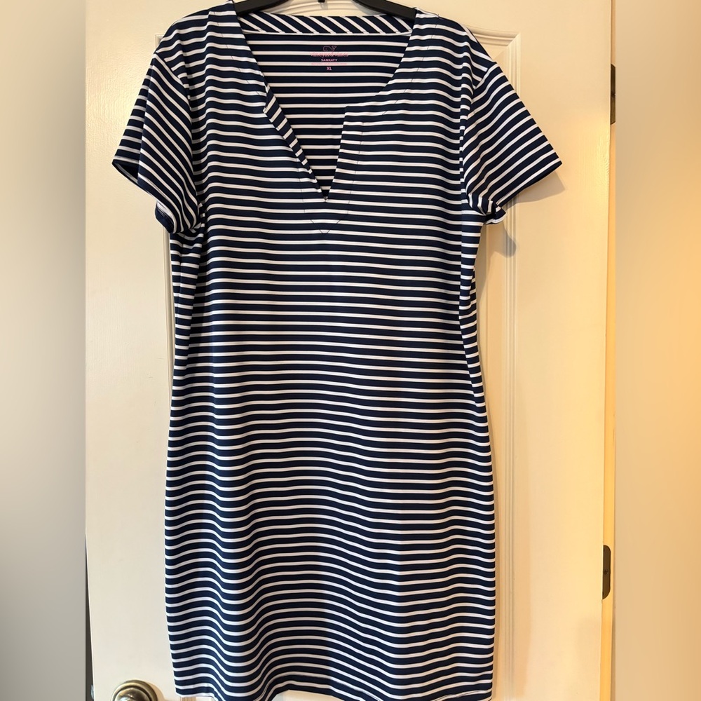 Vineyard Vines Navy and White Striped Tee Dress with Pink Logo